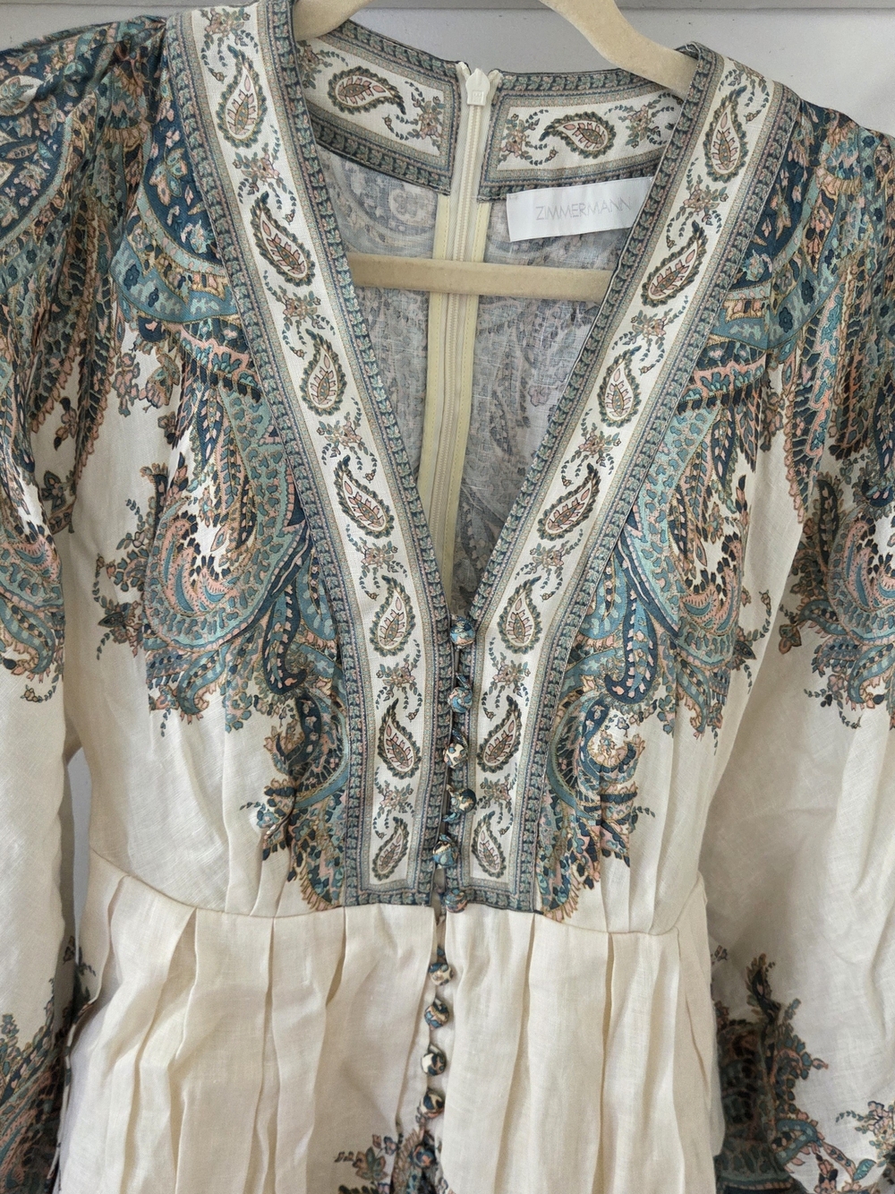 Zimmermann Cream Paisley V-Neck Long Sleeve Boho Dress with Teal Accents - Picture 2 of 7